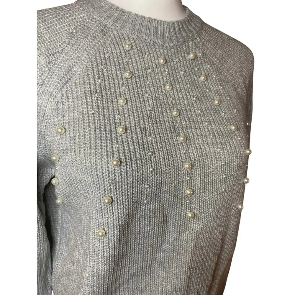 French Connection Women’s Pearl-Embellished Gray Knit Sweater Size XS Coquette